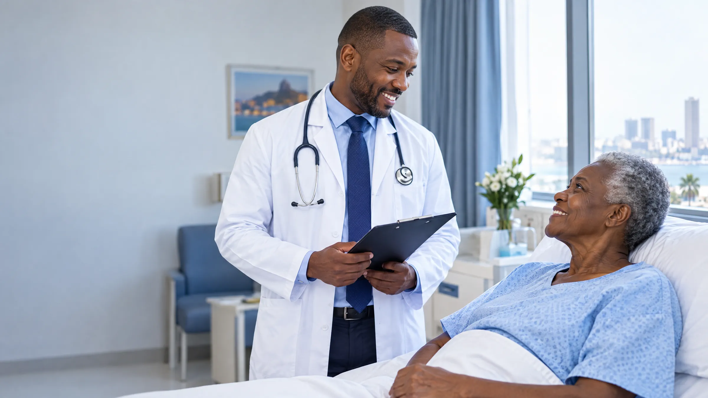 Médico da Clínica CS a conversar com uma paciente idosa num quarto da clínica