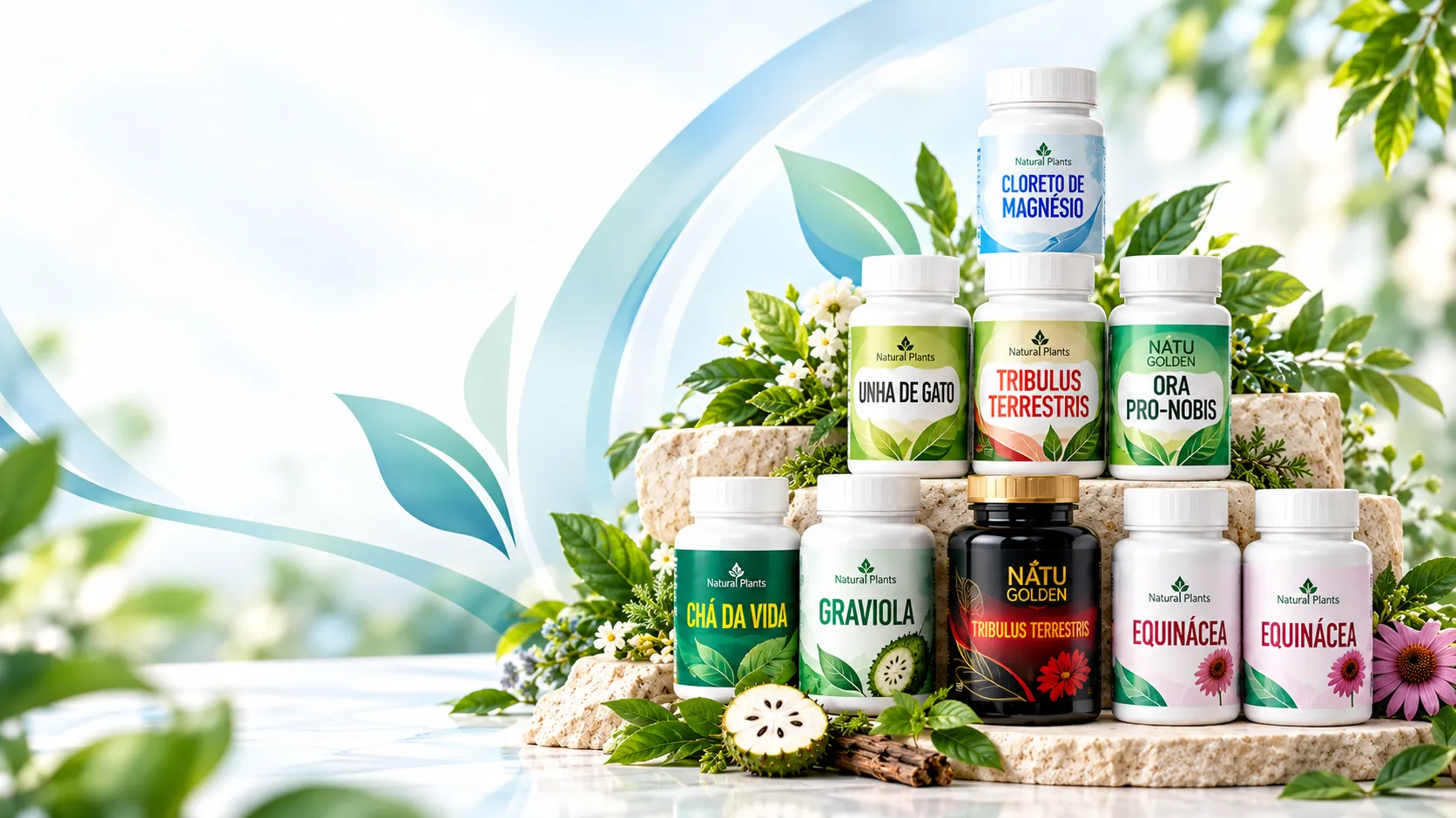 Frascos de medicamentos naturais Natural Plants e Natu Golden entre folhas, flores e graviola